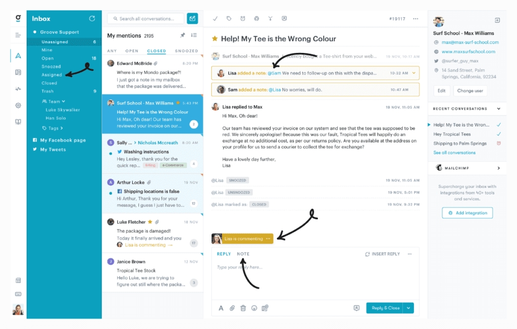 Plataforma de atención al cliente de Groove con carpetas y etiquetas.