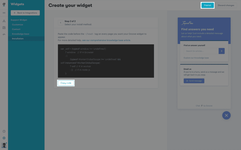cómo agregar un widget web con código de copia en Groove