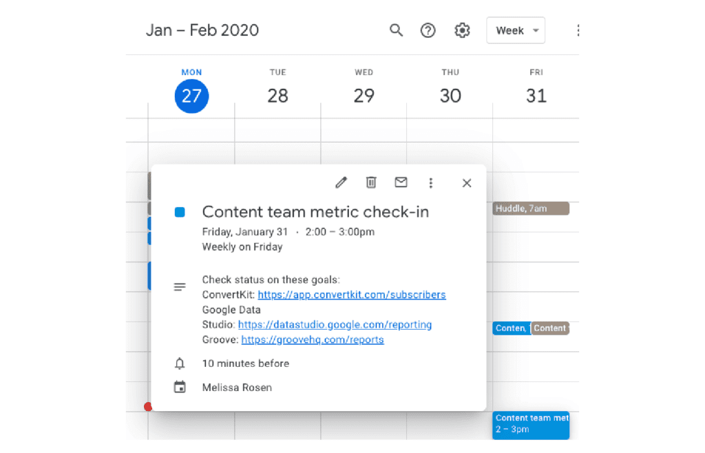 evento de calendario para el check-in semanal