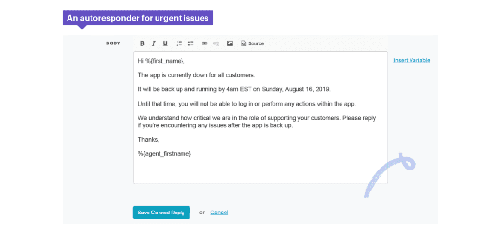 Esta respuesta automática alerta a los clientes sobre problemas urgentes como errores o interrupciones del servidor.