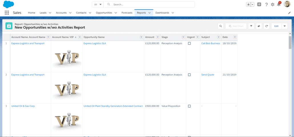 Resultado de un tipo de informe personalizado de Salesforce