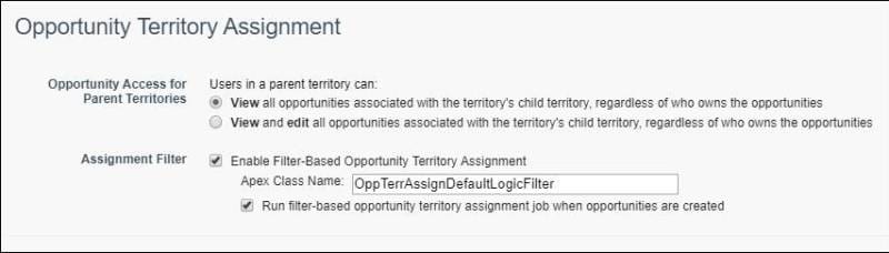 La página Configuración de territorio con asignación de territorio de oportunidad basada en filtros habilitada