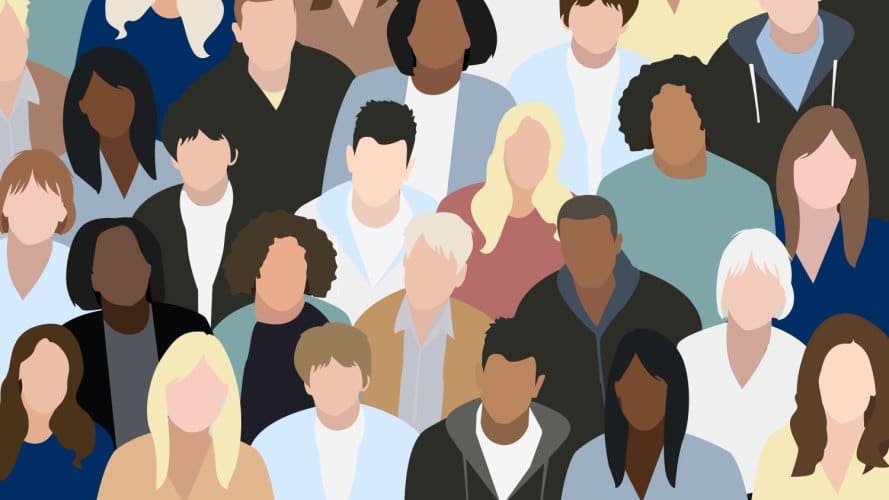 Ilustración de una variedad de personas sin rasgos faciales en una multitud.