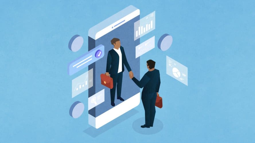 dos hombres en trajes de negocios con maletines dándose la mano a través de un dispositivo inteligente: credenciales verificables