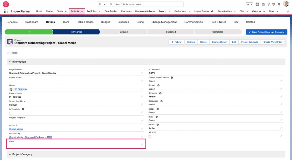 Relacione el caso de Salesforce con un proyecto en Inspire Planner, una aplicación de gestión de proyectos nativa de Salesforce