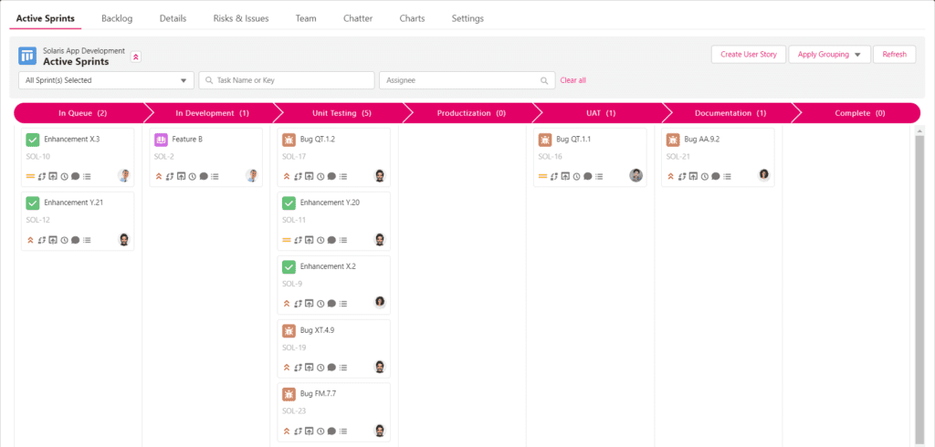 Tablero Kanban en Inspire Planner, una herramienta de gestión de proyectos nativa de Salesforce
